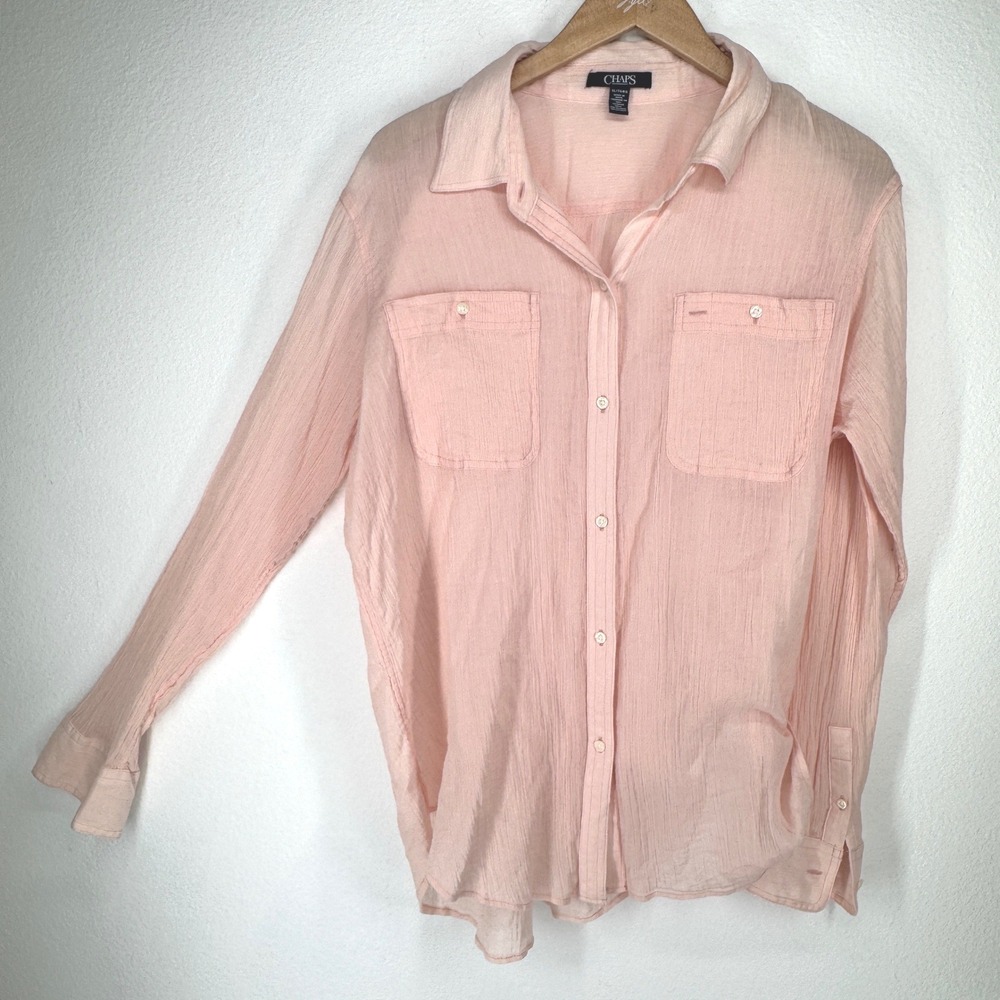 Chaps Cotton Gauze Long Sleeve Button Shirt XL Peach Pocket Crinkle Coastal Boho